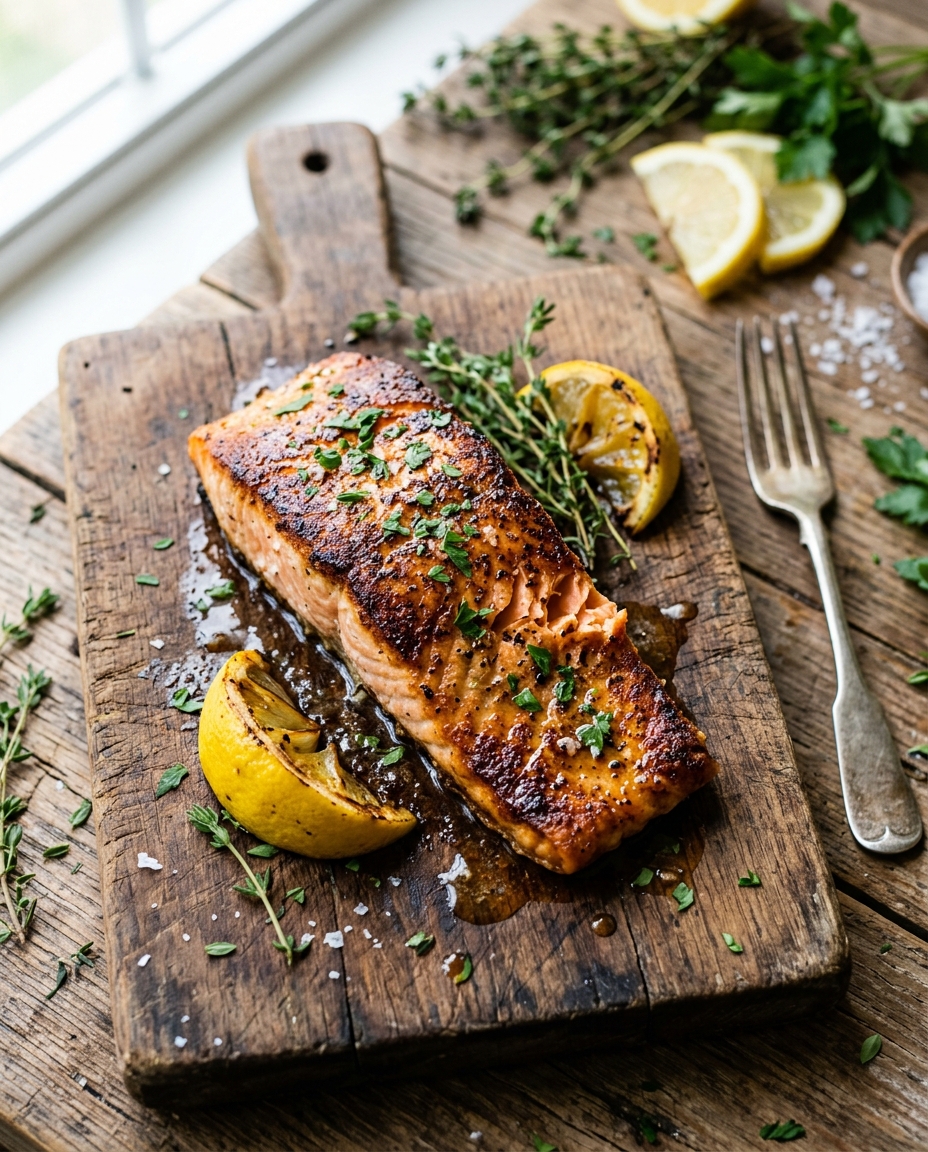 Golden seared lemon garlic salmon fillet with butter sauce and fresh herbs on wooden board