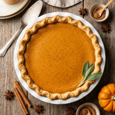 Classic Libby's pumpkin pie with golden crust and smooth orange filling on rustic wooden table