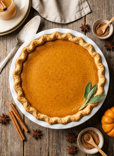 Classic Libby's pumpkin pie with golden crust and smooth orange filling on rustic wooden table