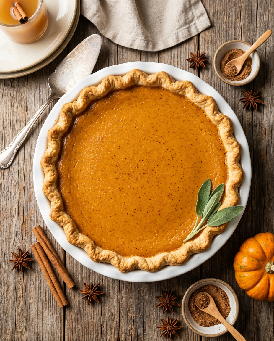 Classic Libby's pumpkin pie with golden crust and smooth orange filling on rustic wooden table
