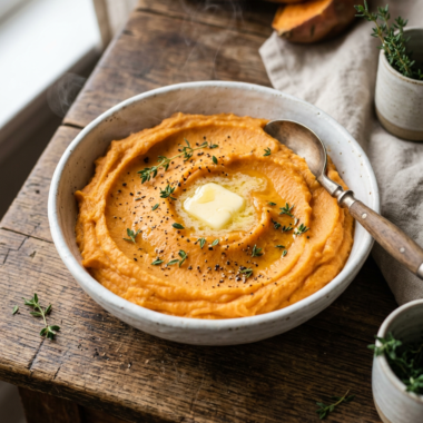 Creamy mashed sweet potato recipe in white bowl with fresh herbs and melting butter on rustic wood background