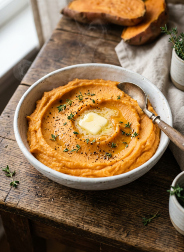 Creamy mashed sweet potato recipe in white bowl with fresh herbs and melting butter on rustic wood background