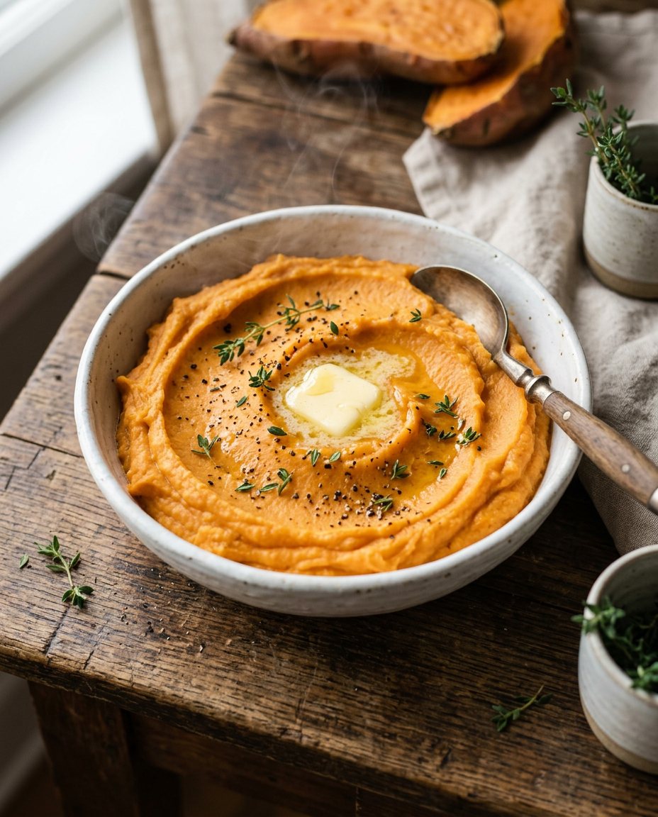 Creamy mashed sweet potato recipe in white bowl with fresh herbs and melting butter on rustic wood background