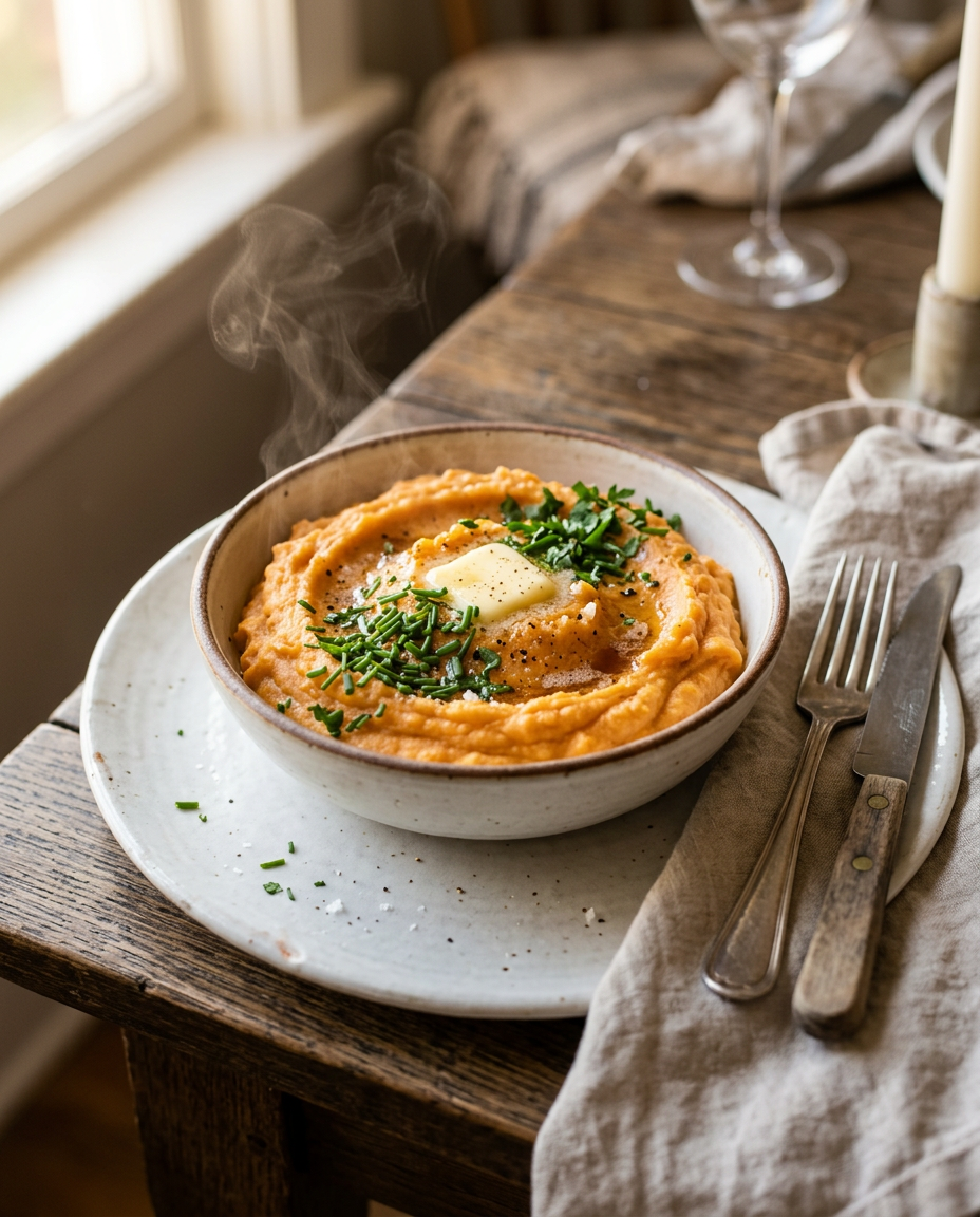 The Best Creamy Mashed Sweet Potatoes Recipe served on a plate ready to eat