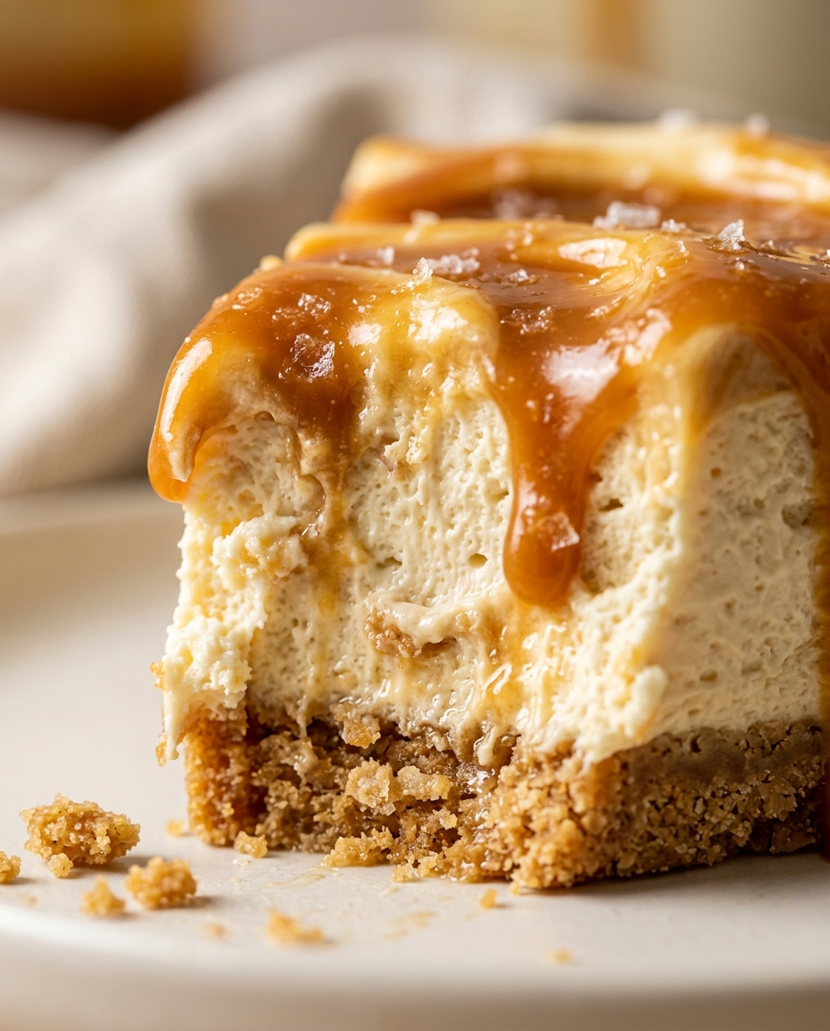 Close-up showing the texture and inside of No-Bake Salted Caramel Cheesecake Recipe