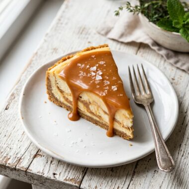 No-bake salted caramel cheesecake slice with caramel swirls and sea salt on white plate