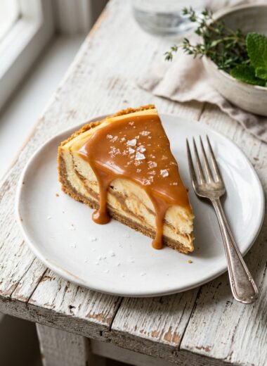 No-bake salted caramel cheesecake slice with caramel swirls and sea salt on white plate
