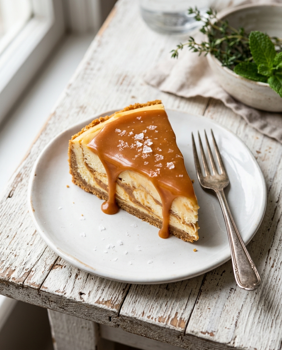 No-bake salted caramel cheesecake slice with caramel swirls and sea salt on white plate