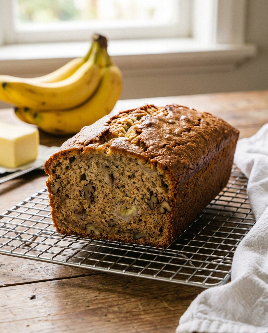Sliced New Zealand banana bread on a wooden board