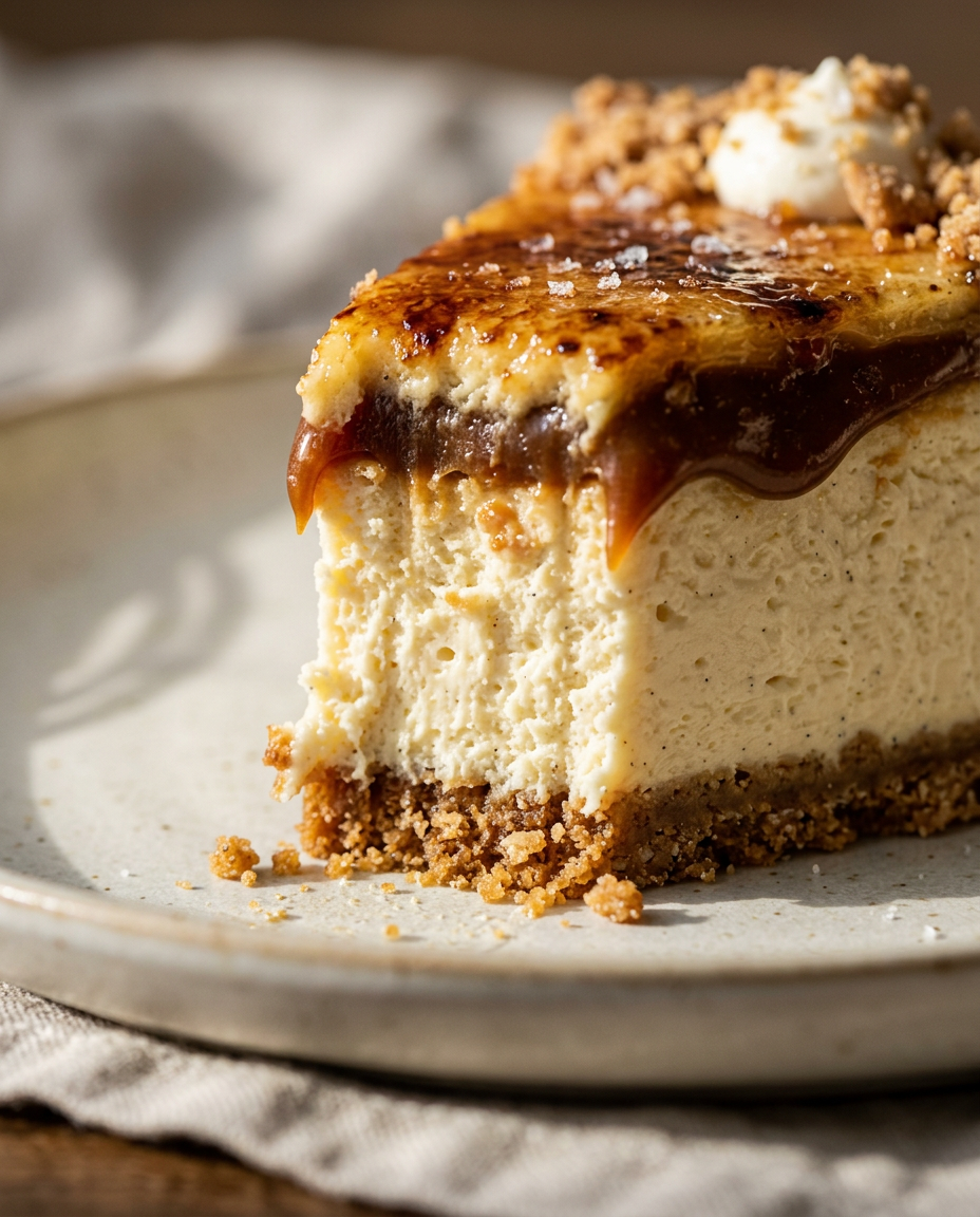 Close-up showing the texture and inside of Ultimate Salted Caramel Cheesecake Recipe
