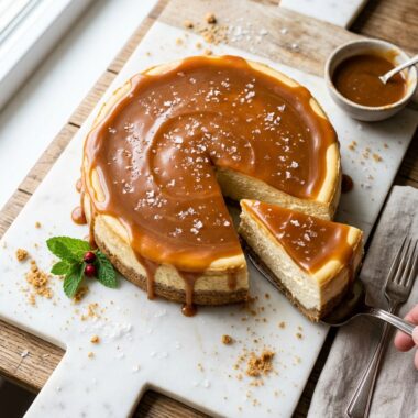 Slice of rich salted caramel cheesecake with glossy caramel dripping down creamy filling
