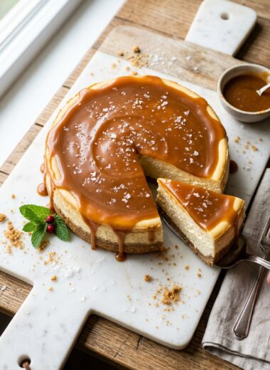 Slice of rich salted caramel cheesecake with glossy caramel dripping down creamy filling