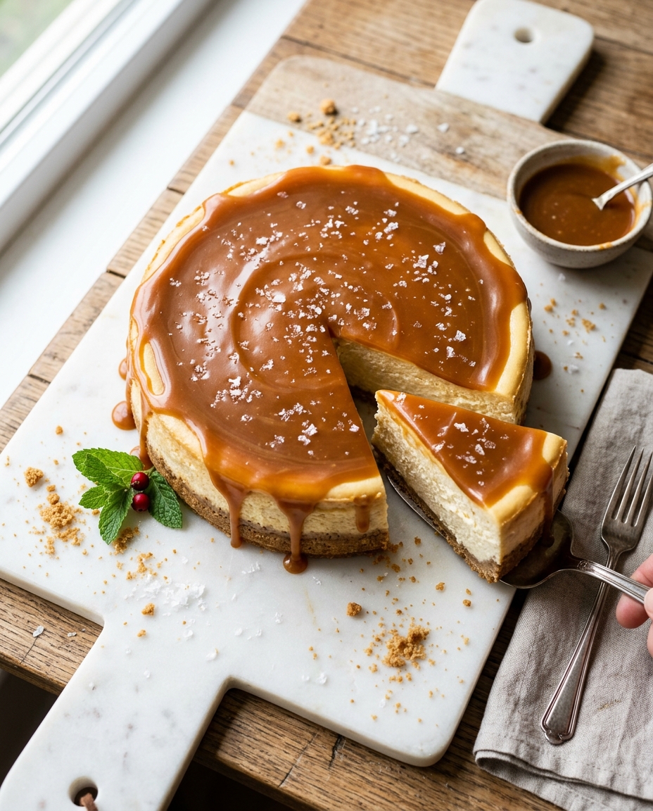 Slice of rich salted caramel cheesecake with glossy caramel dripping down creamy filling