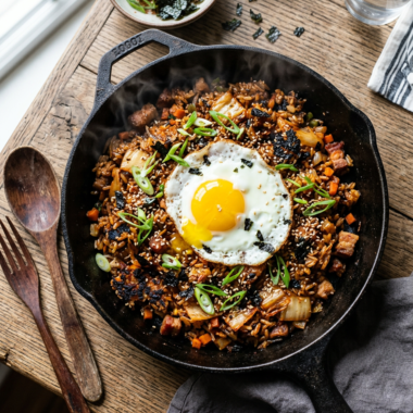 Spicy Korean kimchi fried rice topped with fried egg and green onions in cast iron pan