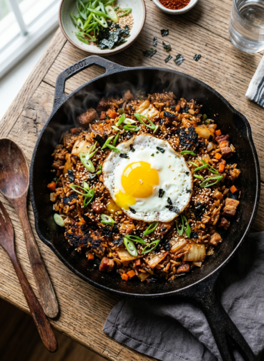 Spicy Korean kimchi fried rice topped with fried egg and green onions in cast iron pan
