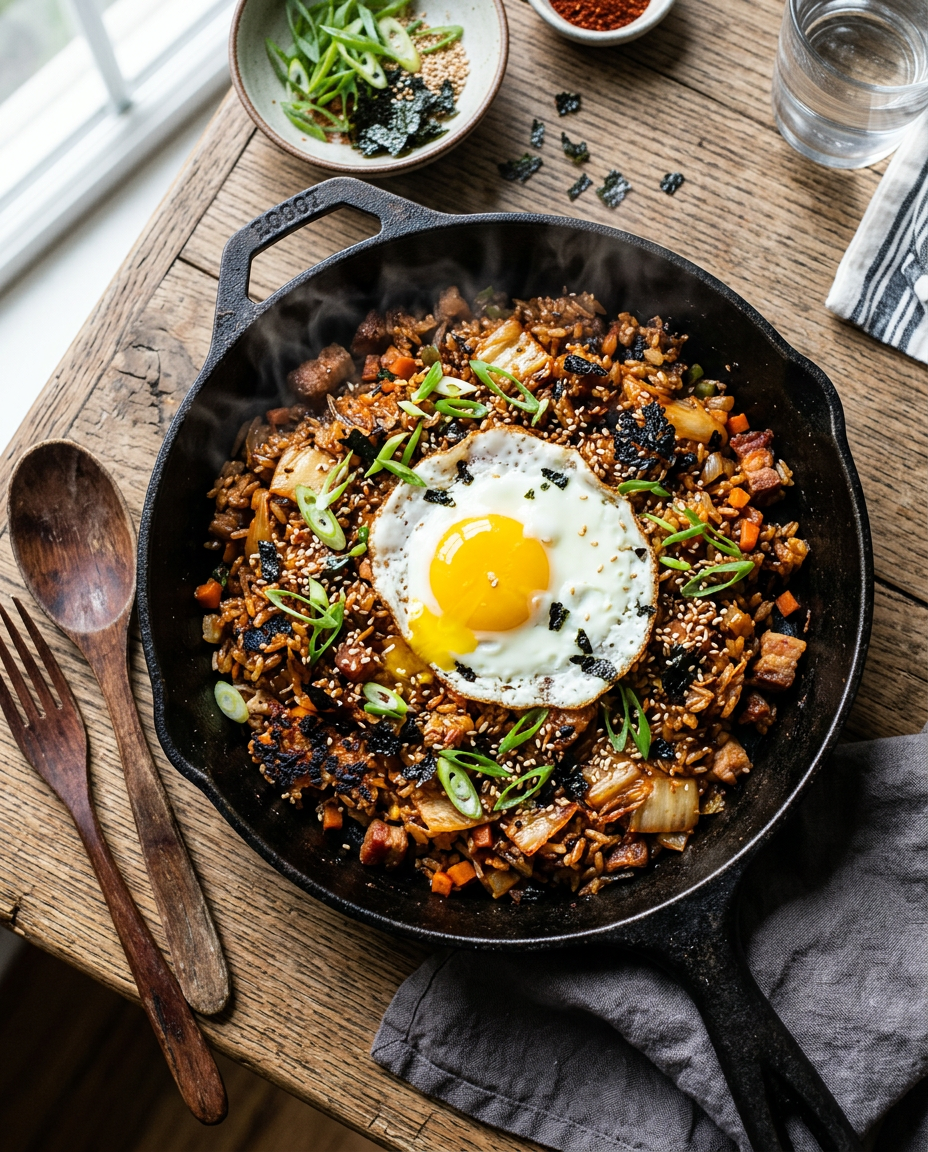 Spicy Korean kimchi fried rice topped with fried egg and green onions in cast iron pan
