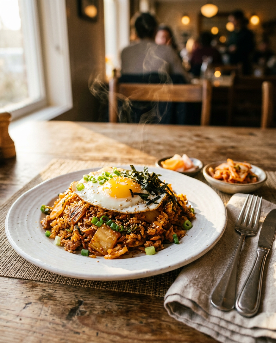 Spicy Korean Kimchi Fried Rice Recipe served on a plate ready to eat