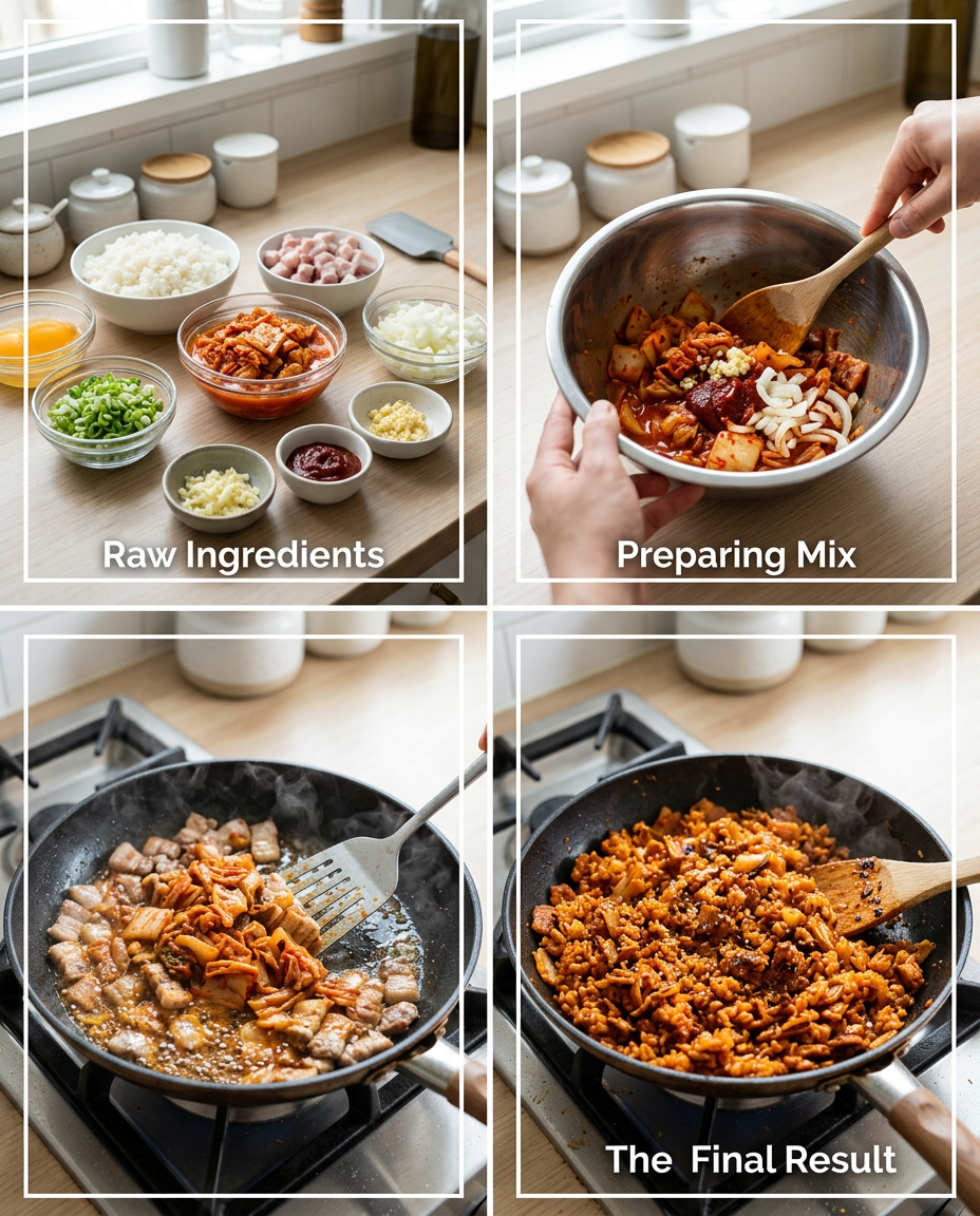 Step by step process for making Spicy Korean Kimchi Fried Rice Recipe