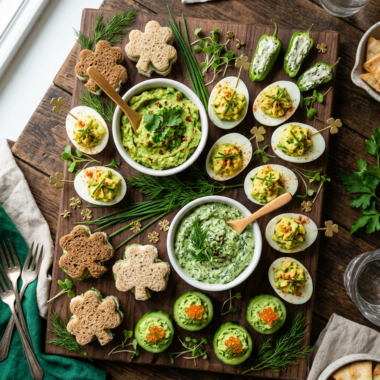 Vibrant green St Patrick's Day appetizers spread including dips, deviled eggs, and festive party foods arranged on rustic wooden surface