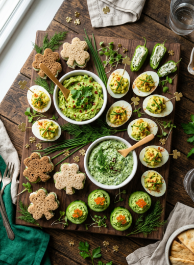 Vibrant green St Patrick's Day appetizers spread including dips, deviled eggs, and festive party foods arranged on rustic wooden surface