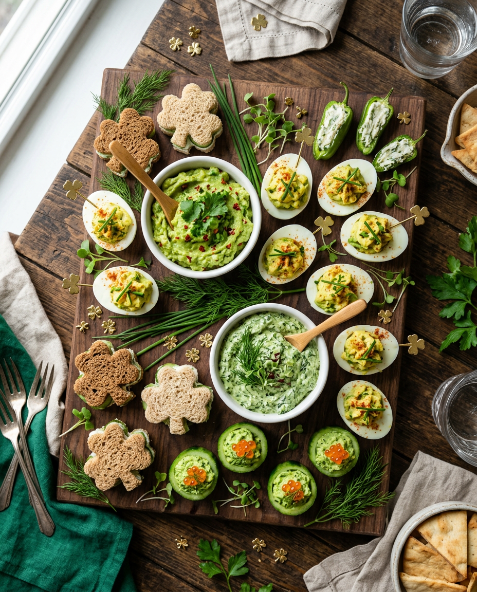 Vibrant green St Patrick's Day appetizers spread including dips, deviled eggs, and festive party foods arranged on rustic wooden surface