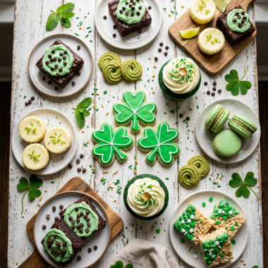 Colorful array of 15 St Patrick's Day desserts including green shamrock cookies and festive treats