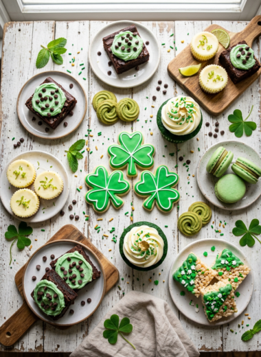 Colorful array of 15 St Patrick's Day desserts including green shamrock cookies and festive treats