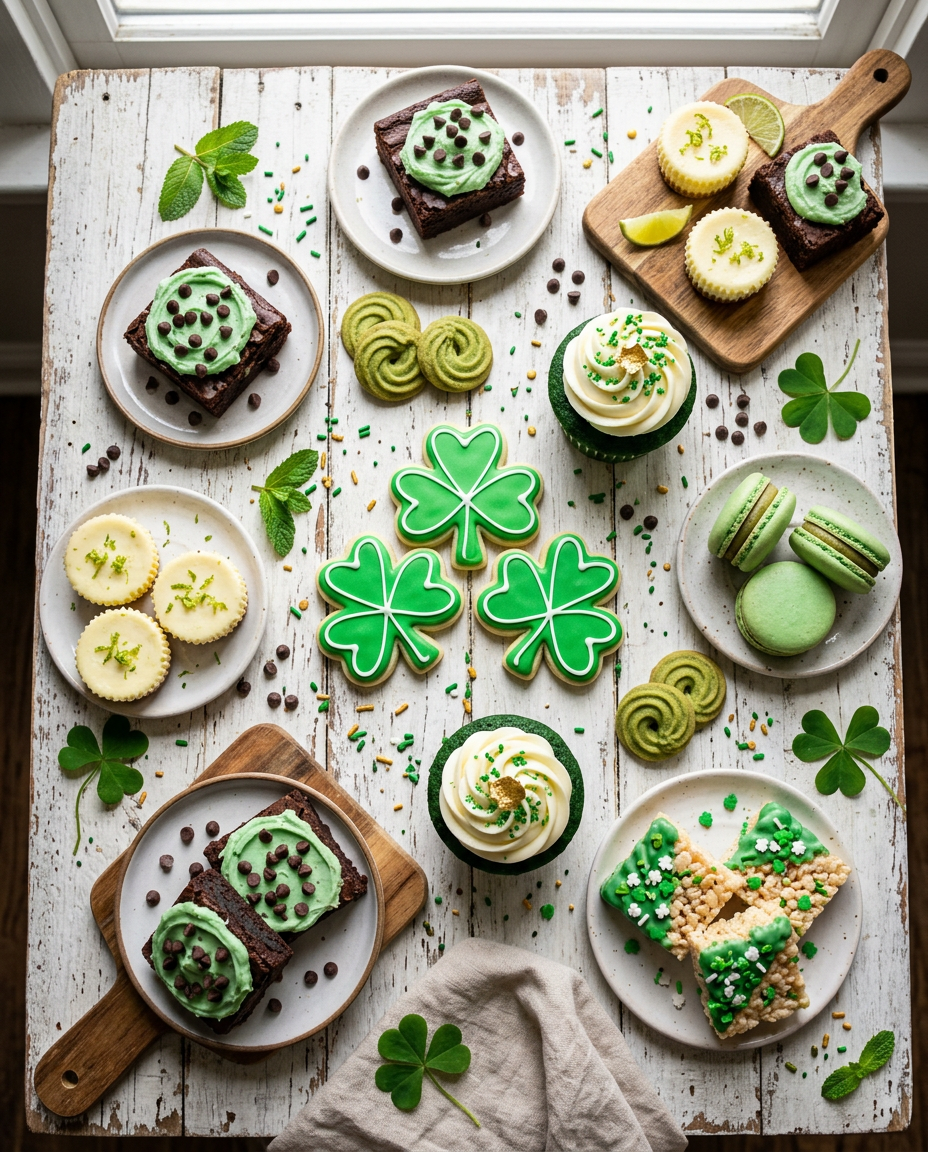 Colorful array of 15 St Patrick's Day desserts including green shamrock cookies and festive treats