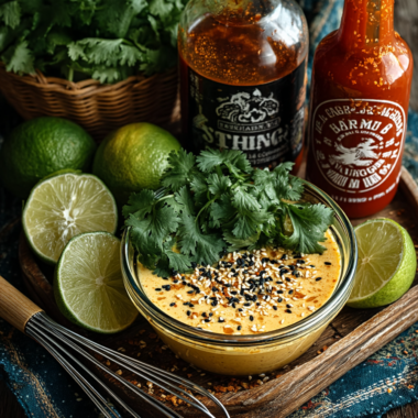 Creamy bang bang sauce recipe in glass bowl with lime and sriracha ingredients visible