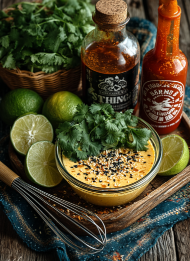 Creamy bang bang sauce recipe in glass bowl with lime and sriracha ingredients visible
