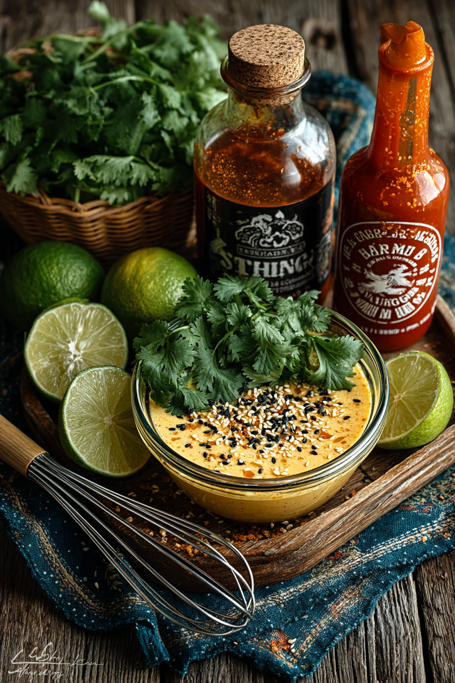 Creamy bang bang sauce recipe in glass bowl with lime and sriracha ingredients visible