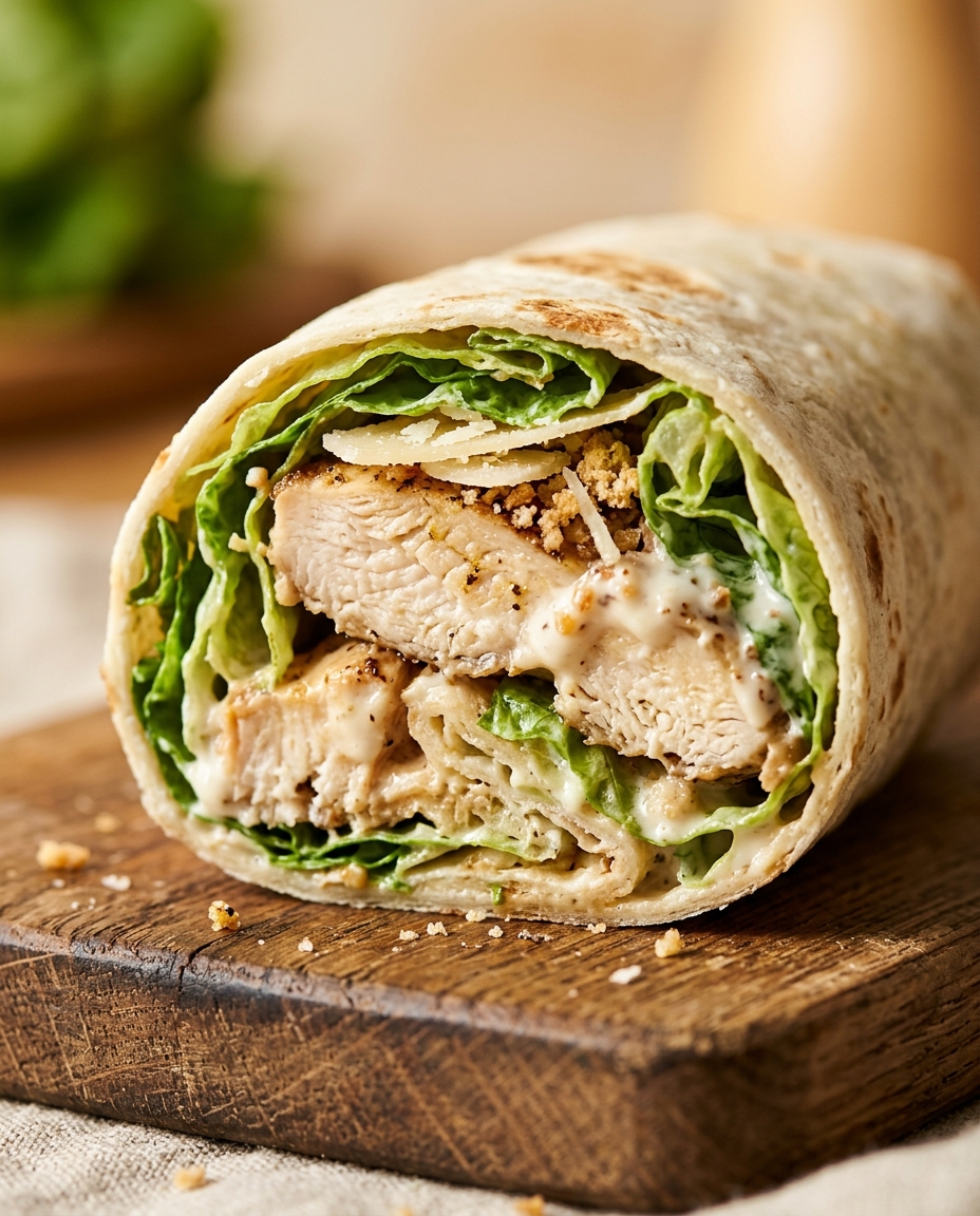Close-up showing the texture and inside of Chicken Caesar Wrap Recipe