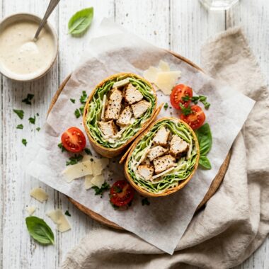 Chicken caesar wrap cut in half showing fresh romaine lettuce, grilled chicken, and creamy dressing