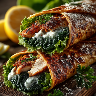 Sliced chicken caesar wrap showing layers of tender chicken, crisp romaine, and creamy Caesar dressing inside a flour tortilla