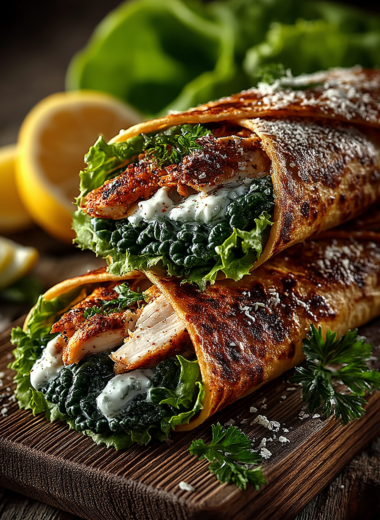 Sliced chicken caesar wrap showing layers of tender chicken, crisp romaine, and creamy Caesar dressing inside a flour tortilla