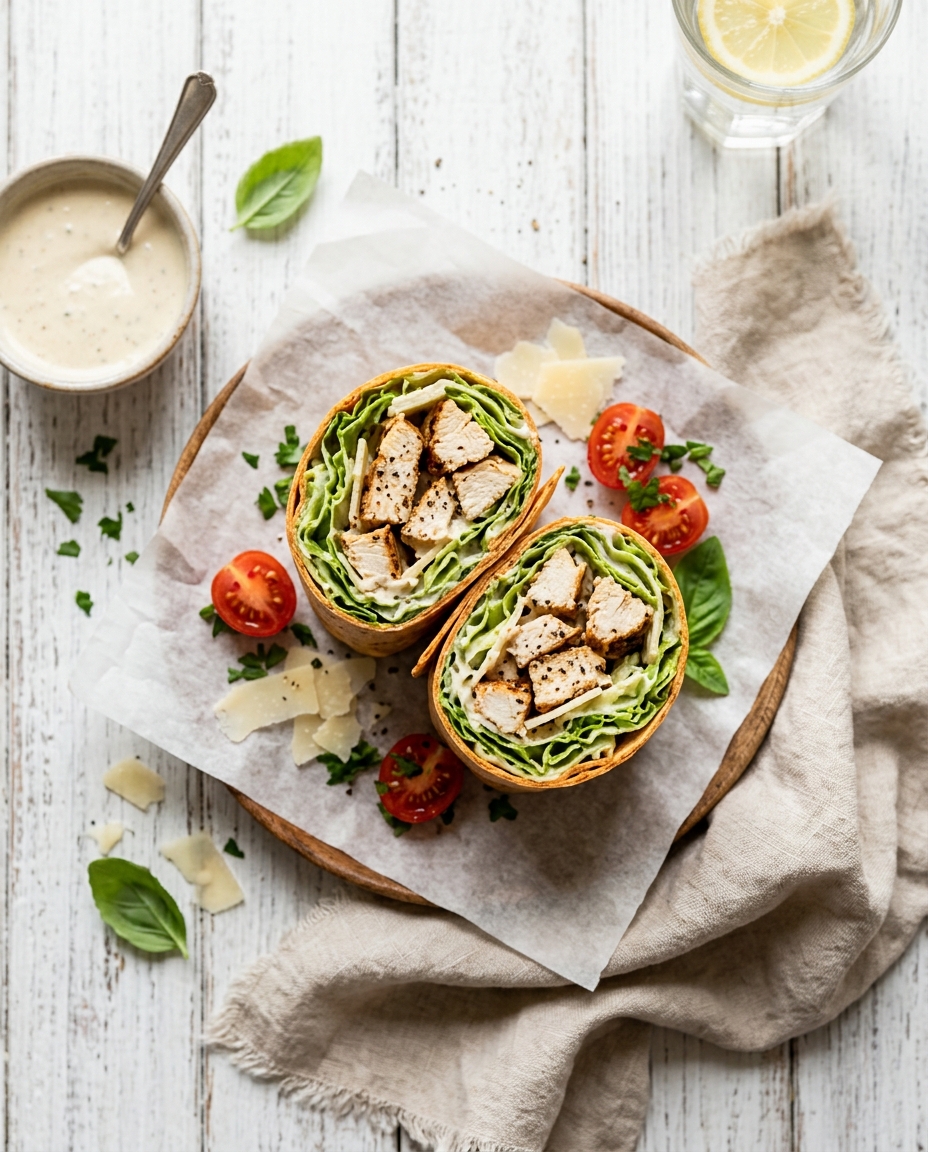Chicken caesar wrap cut in half showing fresh romaine lettuce, grilled chicken, and creamy dressing