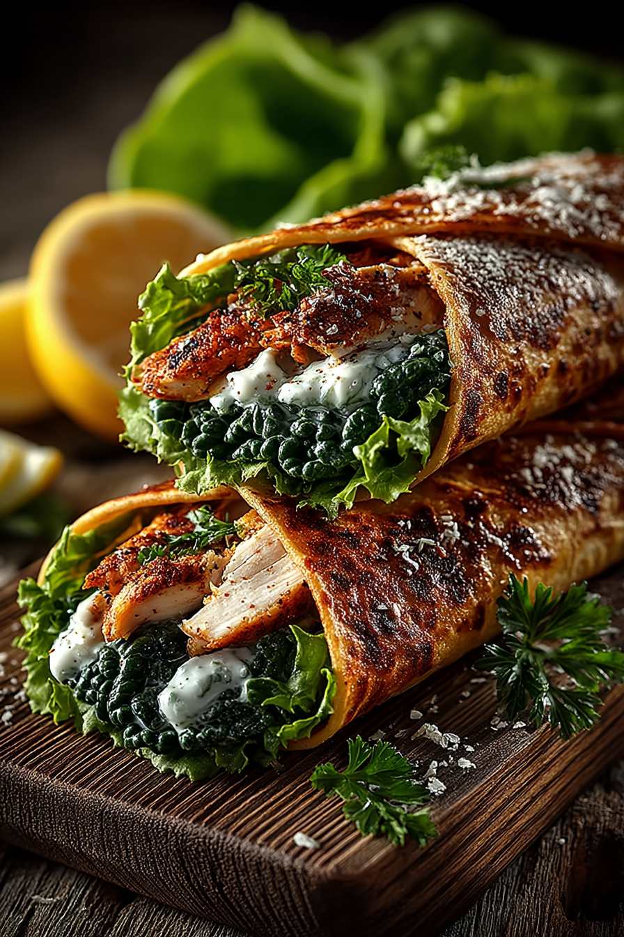 Sliced chicken caesar wrap showing layers of tender chicken, crisp romaine, and creamy Caesar dressing inside a flour tortilla