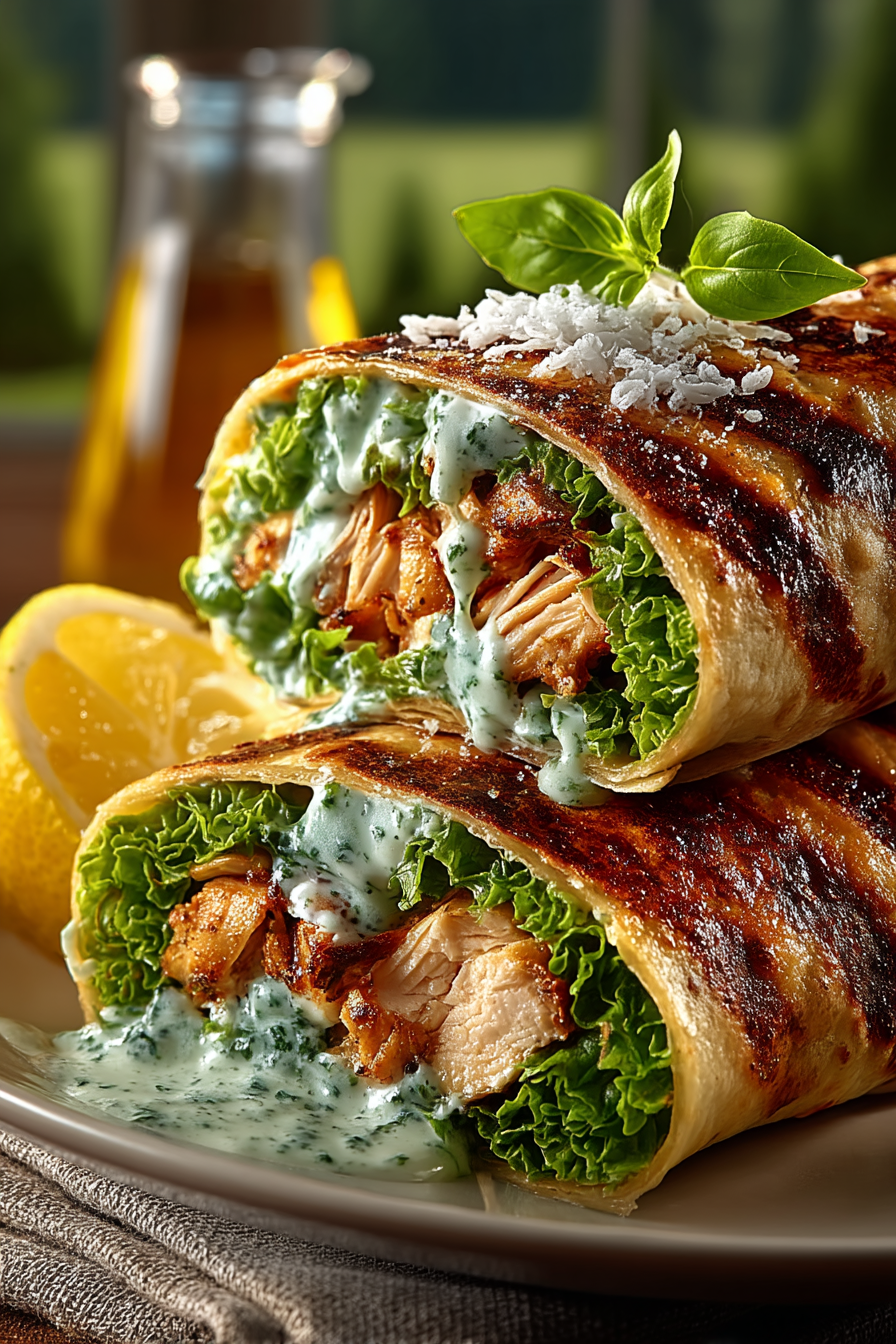 Sliced chicken caesar wrap showing layers of tender chicken, crisp romaine, and creamy Caesar dressing inside a flour tortilla