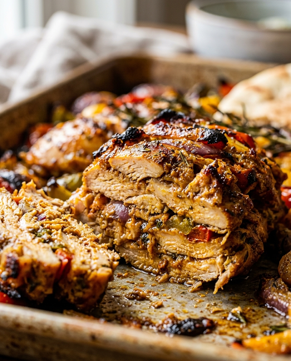 Close-up showing the texture and inside of Chicken Shawarma Sheet Pan Recipe