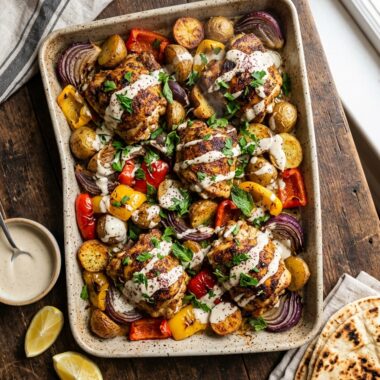 Golden-roasted chicken shawarma sheet pan with vegetables and creamy tahini sauce