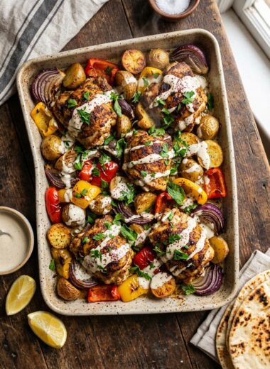 Golden-roasted chicken shawarma sheet pan with vegetables and creamy tahini sauce