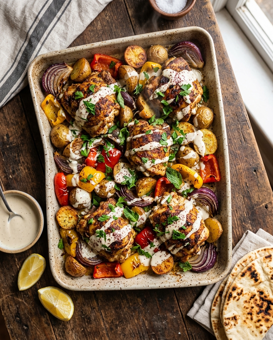 Golden-roasted chicken shawarma sheet pan with vegetables and creamy tahini sauce