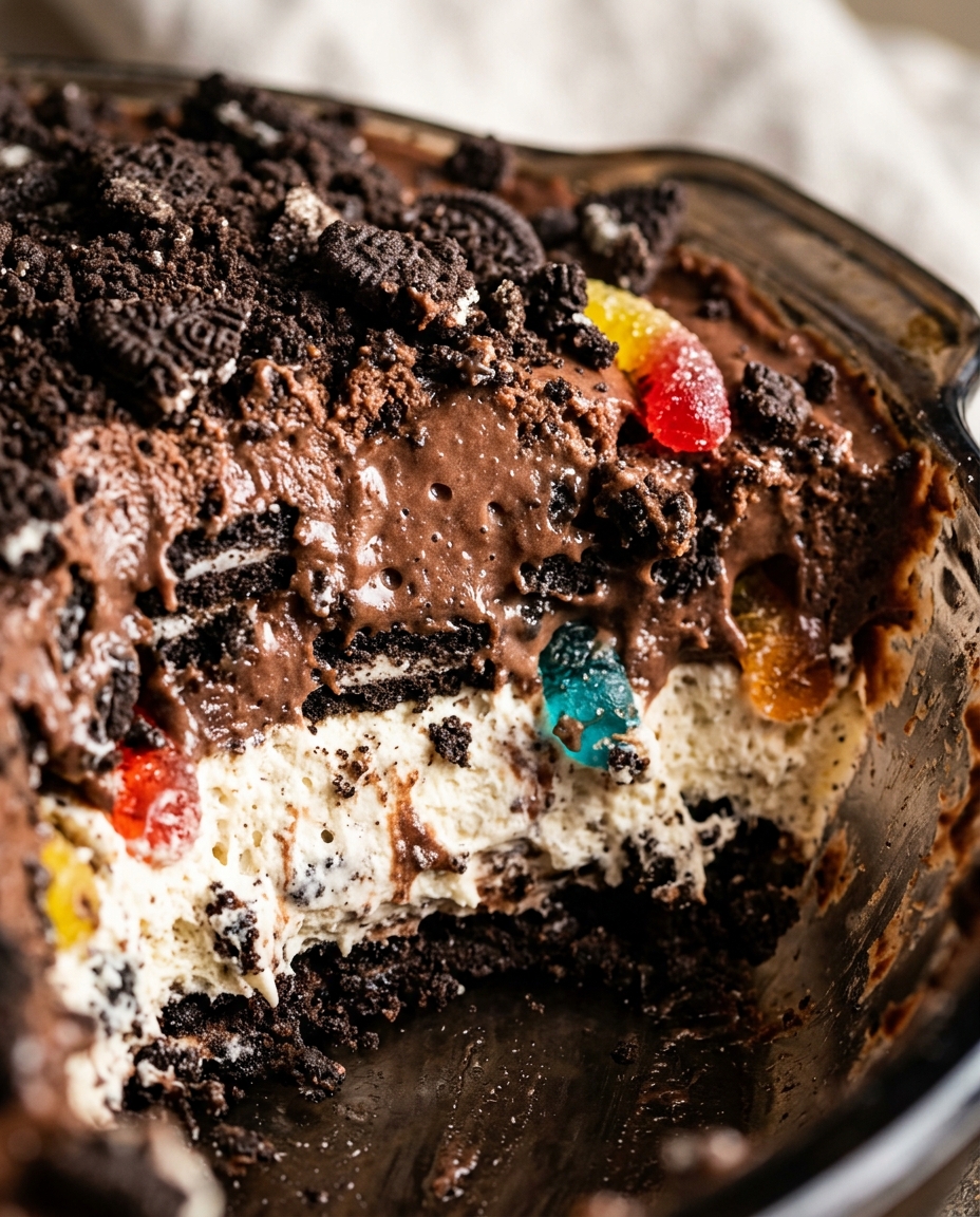 Close-up showing the texture and inside of Classic Dirt Cake Recipe