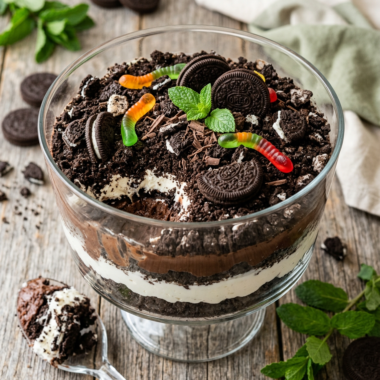 Classic dirt cake recipe with crushed Oreo layers, chocolate pudding, and whipped cream in clear glass bowl
