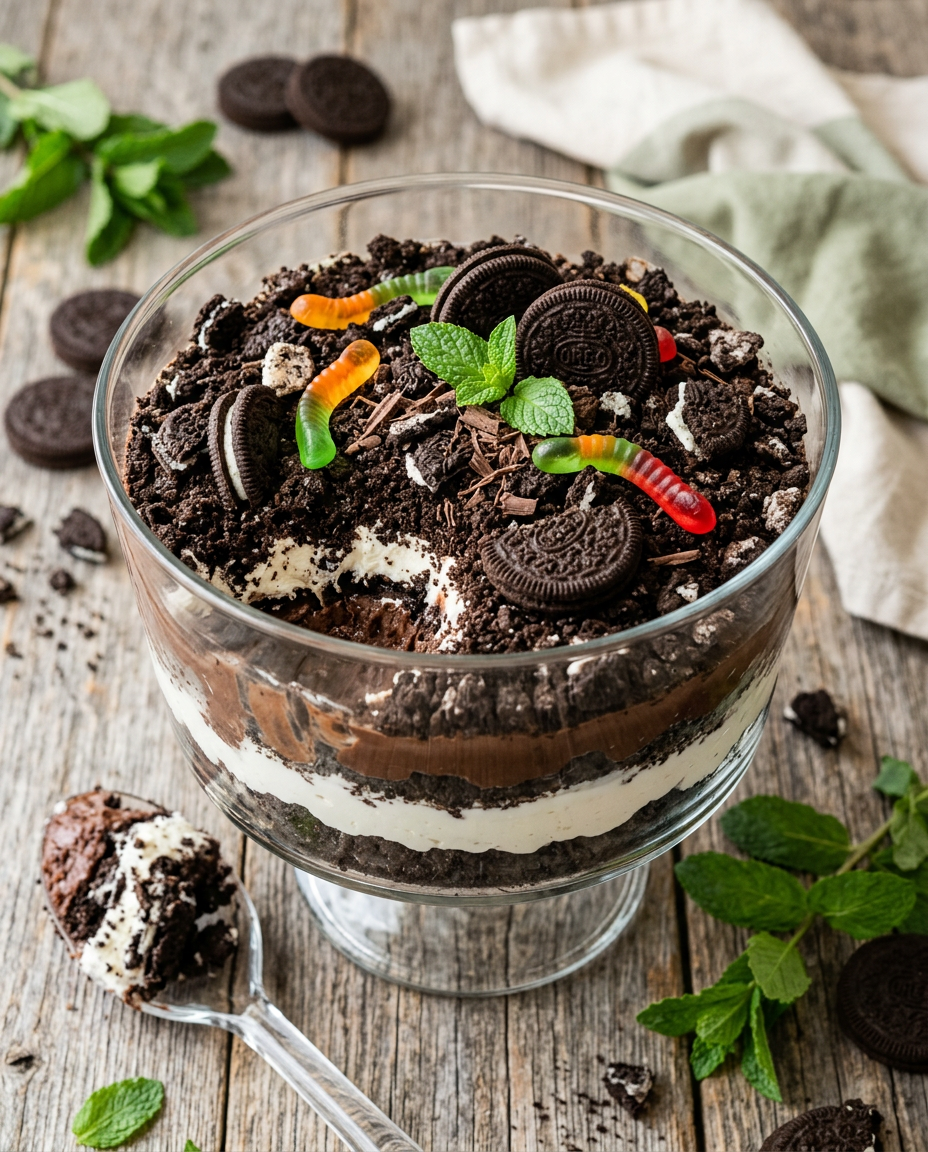 Classic dirt cake recipe with crushed Oreo layers, chocolate pudding, and whipped cream in clear glass bowl