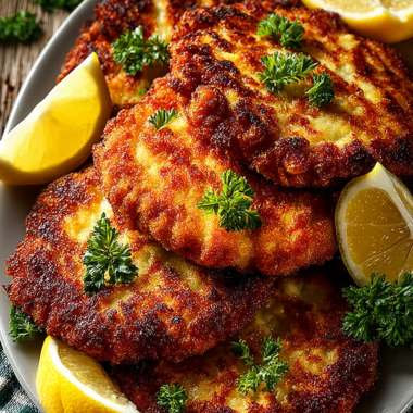 Golden crispy French pork schnitzel cutlets with fresh lemon wedges and parsley garnish