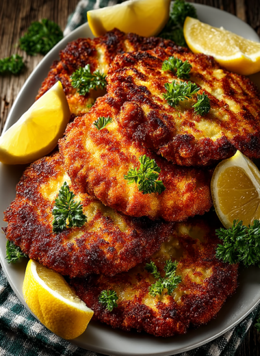 Golden crispy French pork schnitzel cutlets with fresh lemon wedges and parsley garnish