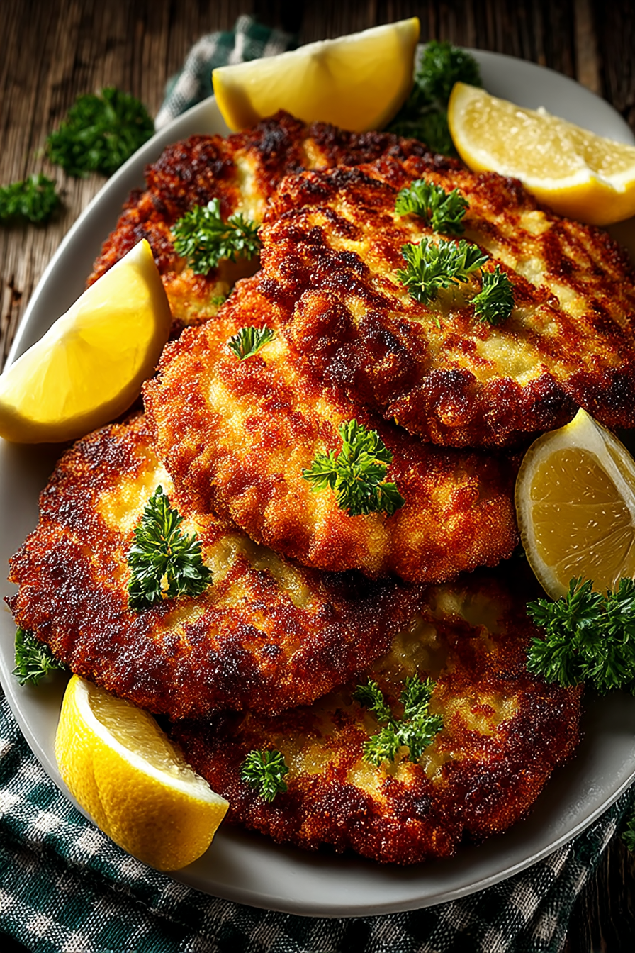 Golden crispy French pork schnitzel cutlets with fresh lemon wedges and parsley garnish
