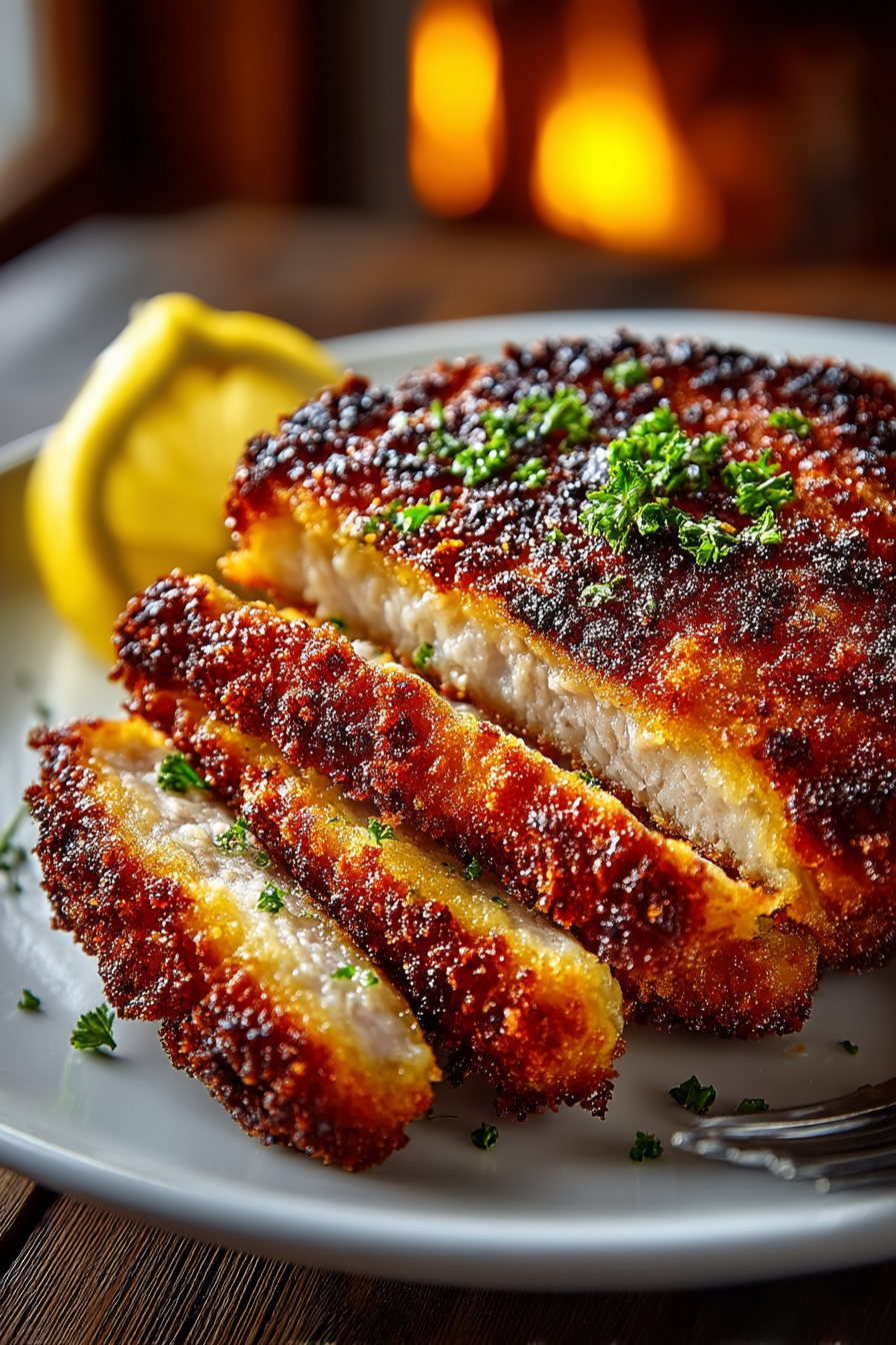 Golden crispy French pork schnitzel cutlets with fresh lemon wedges and parsley garnish