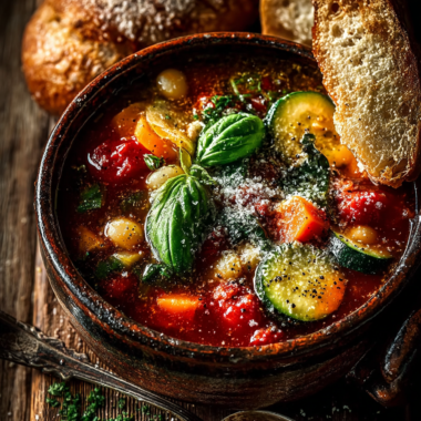 Overhead view of classic minestrone soup recipe with visible vegetables, beans, pasta and fresh basil in ceramic bowl